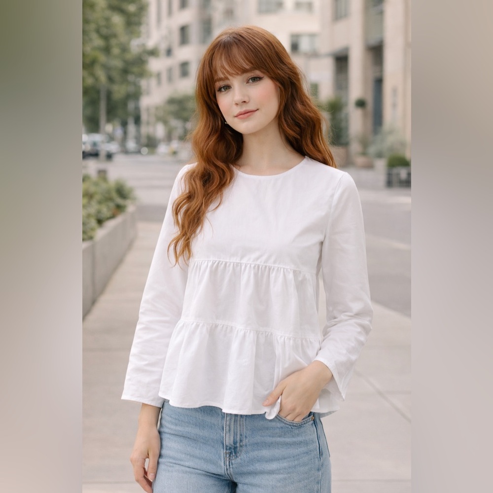 Zara Trafaluc White Peplum Blouse Tiered Babydoll Top Long Sleeve Feminine